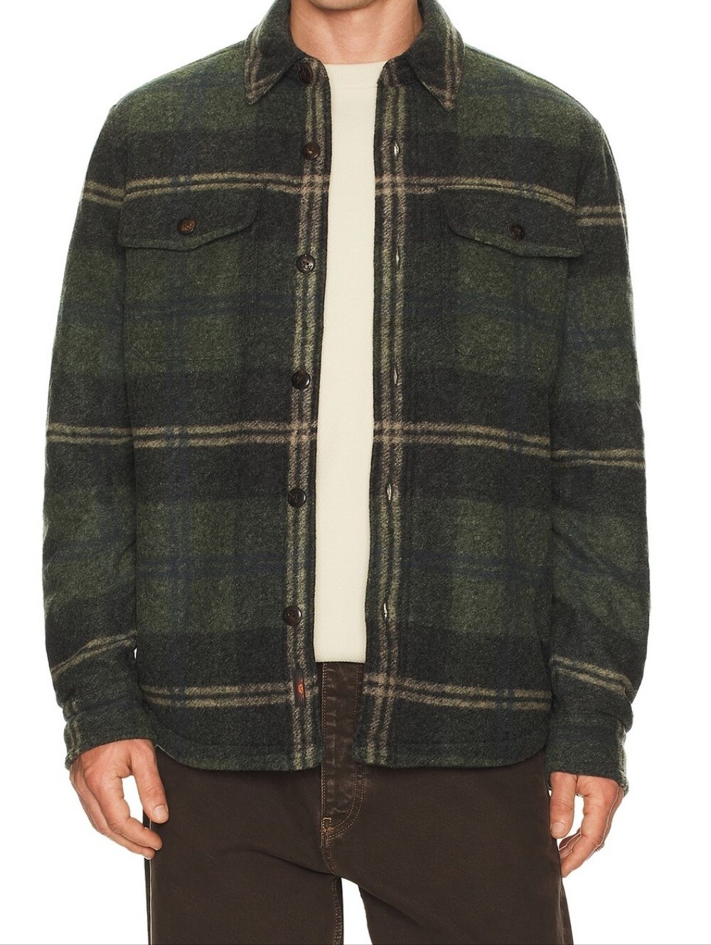 $298 Faherty Green and Gray Plaid Lightweight Shacket